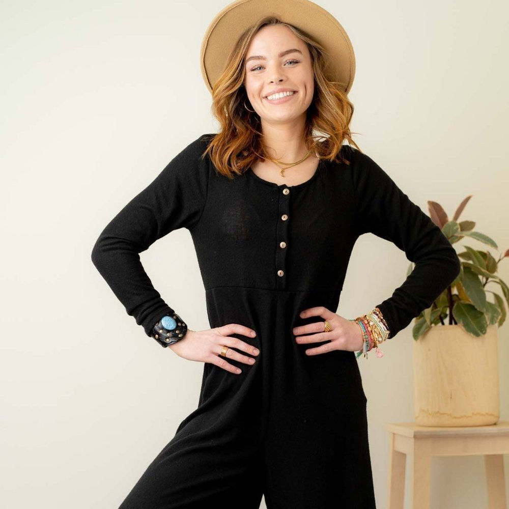 Three Bird Nest Simply Comfort Jumpsuit Black with Gold Button detail on front